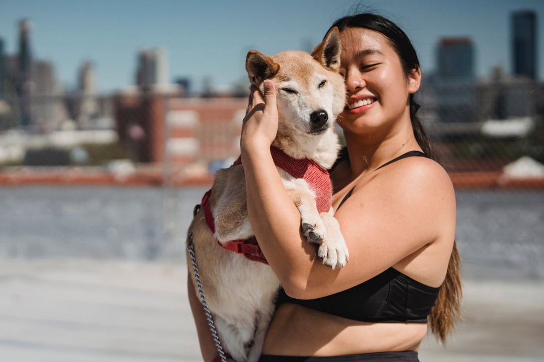 Cheerful ethnic owner with closed eyes caressing dog